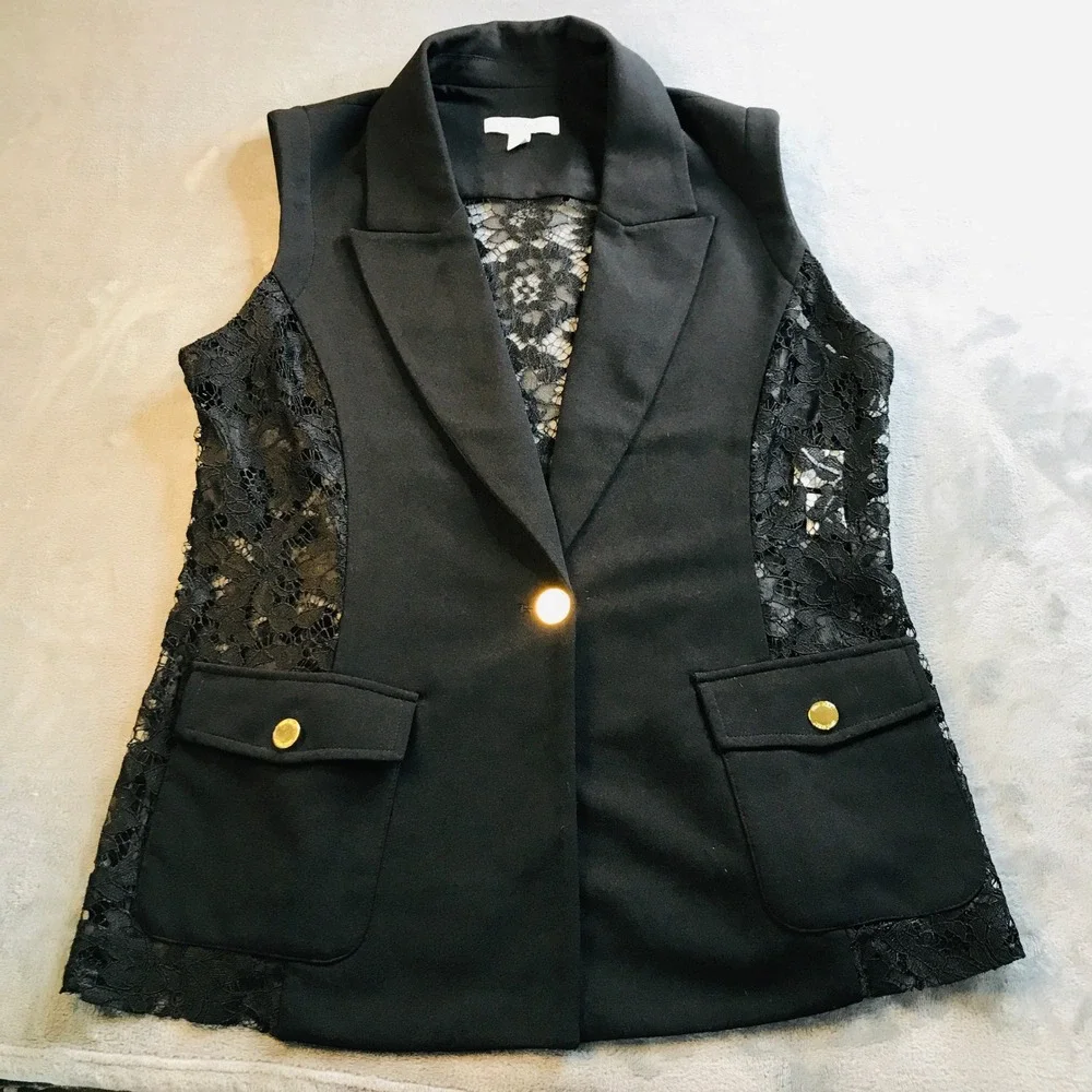 Nine West Womens Black Lace Back Sleeveless Blazer Vest Gold Button Size Large - Picture 10 of 16